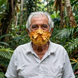 an elderly man wearing a mask made from nachos, lush tropical jungle background, bold natural colors, national geographic photography, masterpiece, 8 k, raw, unedited, symmetrical balance