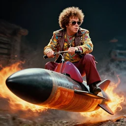 elton  john with a afro hair style riding a hellfire missile, cinematic framing, cinematic lighting, hdr, gritty, movie still, 4k,  70s psychedelic style