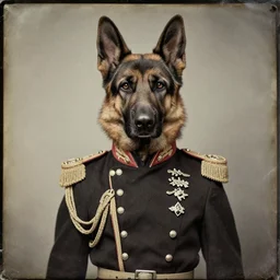professional studio photo portrait of anthro anthropomorphic german shepard head animal person fursona serious wearing elaborate military general uniform clothes degraded medium by Louis Daguerre daguerreotype tintype