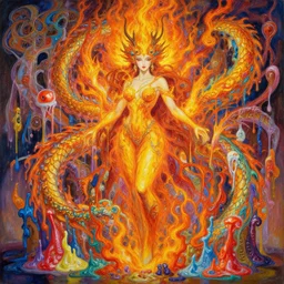 an hiper intricate oil painting of a beautifull dragonfire godess surounded by melting colorfull wax drips, colorfull, excelent composition, wide shot, by yoshitaka amano, by ellen jewett, by greg rutkowski, by alphonse mucha by jeremyg lipkinng, by rhads, by ross tran, artstation, octane render