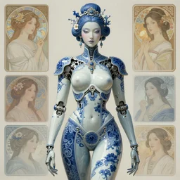organic cyborg, chinese blue and white porcelain, diffuse lighting, fantasy, intricate, elegant, highly detailed, lifelike, photorealistic, digital painting, artstation, illustration, concept art, smooth, sharp focus, by john collier and albert aublet and krenz cushart and artem demura and alphonse mucha. h 8 9 6