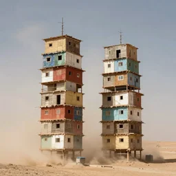 two high towers made up of stacked makeshift squatter shacks on a desert, bleached colours, dust storm, mamiya, 8 5 mm, fine details, photographed by nick knight