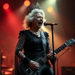 publicity photo still of queen elizabeth in a death metal band playing live on stage, 8 k, live concert lighting, mid shot