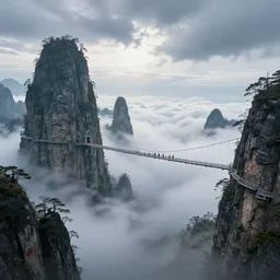 giant ancient towers poke out of the clouds, connected with suspended bridge!!!!!, hanging bridge!!, huge distance, by craig mullins, by ruan jia!, ( ( dr sues ) ), cold, dramatic lighting