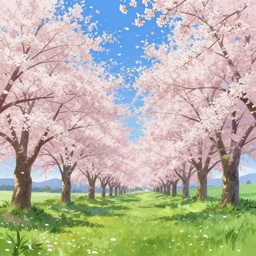 a beautiful landscape, cherry trees, blue sky, anime style