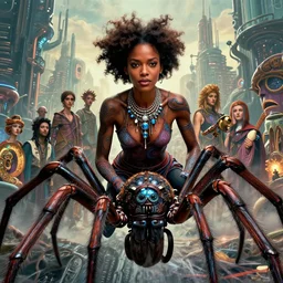 realistic detailed closeup portrait movie shot of a beautiful black woman riding a giant spider, dystopian city landscape background by denis villeneuve, amano, yves tanguy, alphonse mucha, max ernst, ernst haeckel, caravaggio, roger dean, cyber necklace, rich moody colours, sci fi patterns, wide angle