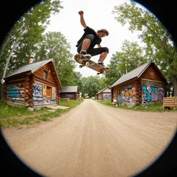 a detailed beautiful matte painting of a skateboarder, kick flip, pilgrim village setting, log homes, dirt road, trees by Mikko Lagerstedt and Raphael Lacoste, graffiti log homes with graffiti by Fintan Magee, fisheye lens