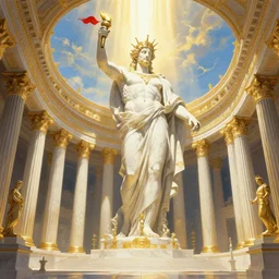 a matte painting of a Atlantis grec temple olymp glory in sun shaft zeus sky statue pantheon in white marble gold incrusted of legends adn red flag dynasty by Frank Lloyd Wright and Zaha Hadid torch volume light stylized illustration  digital airbrush painting, 3d rim light, hyperrealistic masterpiece, artstation, cgsociety, kodakchrome, golden ratio