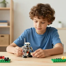 photo of a 1 5 yo teen with curly hair playing with lego robots