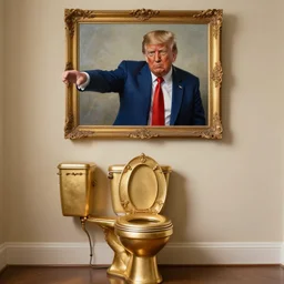 a portrait of donald trump on the wall above an ornate gold toilet, the portrait of donald trump reaches his arm out of the painting to flush the toilet, surrealistic, artstation