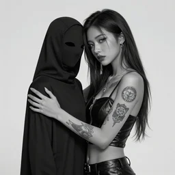 Hot young woman, grey skin, tattoos, wearing leather and cuddling a humanoid in shroud and mask concept art