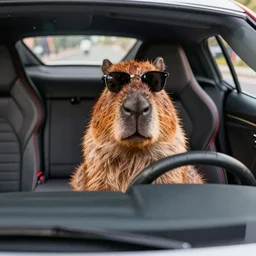 capybara sitting in the front seat of a supercar, sunglasses, picture from inside the car