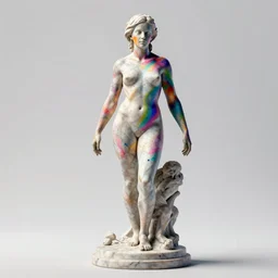 3D print marble sculpture of Emma Watson by Jean-Baptiste Carpeaux and Luo Li Rong and Michael James Talbot, standing athletic pose, perfect symmetrical face, colorful, bright psychedelic colors, bodypaint, acrylic paint splashes, full length shot, elegant, realistic, 8K, female full-skin figure, hyperrealism, subsurface scattering, raytracing, soft light, Octane Render, Redshift, Zbrush