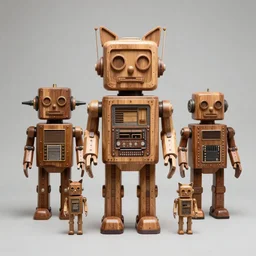 8k octan advertising photo a totally wooden sculpture collection art toys on feet very cute rétro robot zen with cat ears cyberpunk a contemporary art gallery