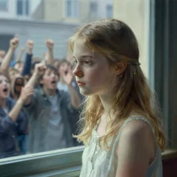 an ethereal dream of a girl by edward hopper and steven outram, people panic in the distant background, hd, 8 k