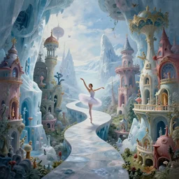 beguiling epic stunning beautiful insanely detailed matte painting of a ballerina on an impossible path winding through arctic dream worlds with surreal architecture designed by heironymous bosch, structures inspired by heironymous bosch's garden of earthly delights, surreal ice interiors by cyril rolando and asher durand and natalie shau, whimsical, intricate