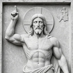 muscular gigachad benediction, gigachad jesus, pointing to heaven with two fingers, raised hand of benediction, stone relief, holy iconography, grayscale