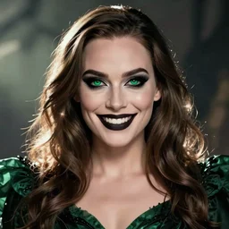 Beautiful witch margot robbie, style of Joshua Middleton comic book art Nick Dragotta comic art, black and green eyes, symmetrical face, symmetrical eyes, scary smile, dark green dress