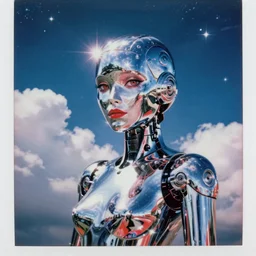 analog polaroid portrait of an attractive chrome female robot looking at the camera, beautiful, Hajime Sorayama, sheen, red reflections, unreal engine, azure sky, big clouds visible, sunlight, reflection, sparkles, space, stars, nebula, lensflare, film grain, depth of field, color bleed
