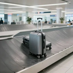 a lonely medium sized suitcase on an airport industrial conveyor belt, moving on its way to a plane
