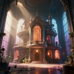 vaporwave mansion, liminal space, high detail, rendered in unreal engine, 3d render, god rays, volumetric lighting, large windows