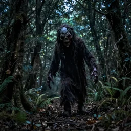 creepy boogeyman sneaking around the forest at night, spooky 8 0's photography, scary