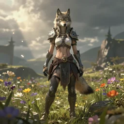 A high fantasy wolf girl standing in the middle of the field of flowers, by Eddie Mendoza and Victor Nizovtsev, full shot RPG, official media, beautiful, detailed, high quality, wallpaper 4K, epic, trending on artstation and behance, dynamic lightning