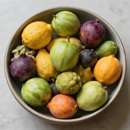 a bowl of strange alien fruits of assorted shapes and colours