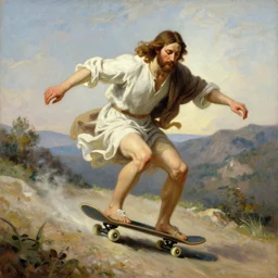 neoclassical oil painting of jesus riding a skateboard on a mountain