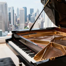 a city inside an open grand piano