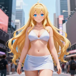 a very beautiful young anime giantess, full body, standing in time square, long wavy blond hair, sky blue eyes, full round face,, bikini, miniskirt, front view, mid - shot, highly detailed, cinematic wallpaper by stanley artgerm lau