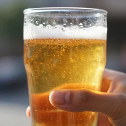 closeup photo of hand holding a glass of beer, sunshine, brilliant colors, droplets, ultra sharp, refractions, macro photo, bokeh