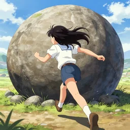 “Indians jones as an anime girl running away from a rolling giant stone boulder trap, anime art”