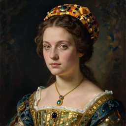 portrait of young woman in renaissance dress and renaissance headdress, art by gustav klimt