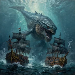 photo of a mystic and terrifying gigantic sea creature submerging pirate ships, oil painting, cinematic, hyper realistic, concept art
