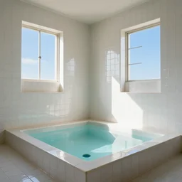“Dream Pool in rooms of white ceramic tile, sunlight coming in from windows with a blue sky”