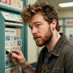 a closeup photorealistic illustration of post malone inside of a post office with stamps. fine detail. this 4 k hd image is trending on artstation, featured on behance, well - rendered, extra crisp, features intricate detail, epic composition and the style of unreal engine.