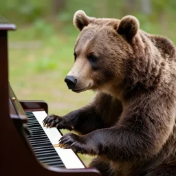 a brown bear plays a piano