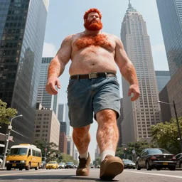 hairy ginger man larger than skyscrapers wearing shorts walks around the city, color photography, lots of sunlight, hairy legs, low angle shot, photography, highly detailed, award winning photography, 4 k, highly detailed, trending on artstation