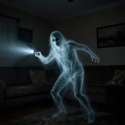 horror demon evil transparent spirit attacks in living room interior photo shot on iphone, dynamic pose, close body shot, sharp focus, grainy, corpse, paranormal, long exposure, flashlight, night, total darkness, poltergeist, aberrations,