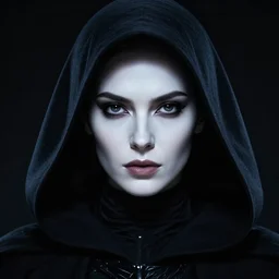 closeup portrait, beautiful woman dark lord of the sith wearing a black hooded jedi cloak against a black background, white skin, dark eyes, rim light, volumetric lighting, concept art, smooth, sharp focus, arney freytag, glamour pose, soft ambient lighting, octane, 2 8 mm,