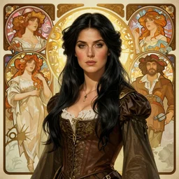 sargent and leyendecker and greg hildebrandt highly detailed portrait of a woman with long black hair, swashbuckler, stephen bliss, unreal engine, by greg rutkowski, loish, ferdinand knab, ilya kuvshinov, rossdraws, tom bagshaw, alphonse mucha, global illumination, radiant light, detailed and intricate environment