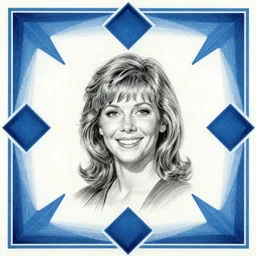 Olivia Newton-John as Sandy from Grease (1978), smiling, pencil drawing. El Greco, Remedios Varo, Salvador Dali, Carl Gustav Carus, John Atkinson Grimshaw. Blue tint. Symetrical, logo, geometric shapes.