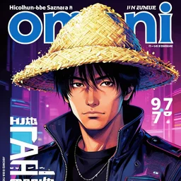 1 9 7 9 omni magazine cover of hiroyuki sanada in a rice hat. stylized cyberpunk art by josan gonzalez.
