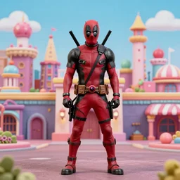 deadpool stands in candyland, buildings, 8 k photography, detailed