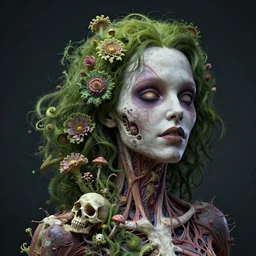 a beautiful detailed photo of a rotten woman corpse morphing into fractal plants and fractal flowers and mushrooms, skull, 🌺, face muscles, veins, anatomical, intricate, ornate, volumetric light, beautiful lit, beetlejuice