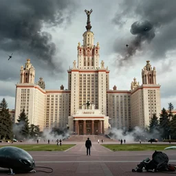 campus of mipt university after an alien invasion, highly detailed, photo