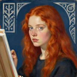 woman, very pretty girl, red hair, painting, style of old scandinavian art, blue / gray eyes, young.
