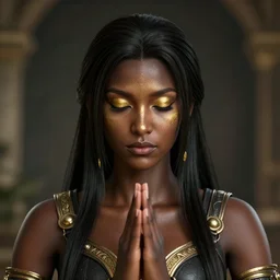 portrait of dragoon, sharp focus, octane render, ( ( dark skin ) ), ffxi, rpg, beautiful, unreal engine, symmetrical!!, maybelline, sephora, artstation, art by artgerm, rossdraws, art by karol bak, makeup, ( ( gold ) ), ( ( meditation ) )