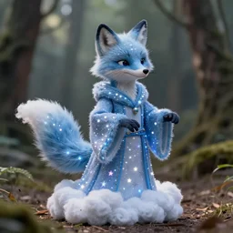 portrait of a stop motion starry blue fox druid wearing magic imbued cotton cloud mage robes with led lights stitched on the fabric to resemble stars, cinematic, forest backdrop, dust particles, god rays, led lights, cotton cloud mage robes, dungeons and dragons, fantasy art, real life, photograph, national geographic, dynamic camera angle